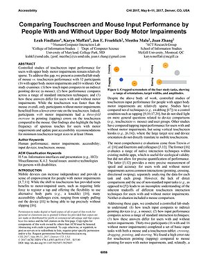 Thumbnail for: Comparing Touchscreen and Mouse Input Performance by People With and Without Upper Body Motor Impairments