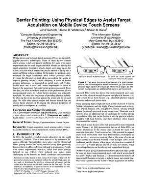 Thumbnail for: Barrier pointing: using physical edges to assist target acquisition on mobile device touch screens