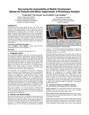 Thumbnail for: Surveying the Accessibility of Touchscreen Games for Persons with Motor Impairments: A Preliminary Analysis