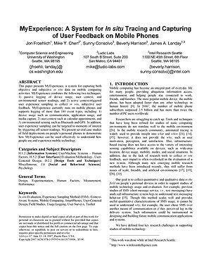 Thumbnail for: MyExperience: a system for in situ tracing and capturing of user feedback on mobile phones