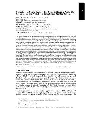 Thumbnail for: Evaluating Haptic and Auditory Directional Guidance to Assist Blind People in Reading Printed Text Using Finger-Mounted Cameras