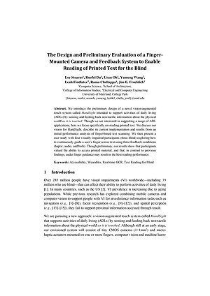 Thumbnail for: The Design and Preliminary Evaluation of a Finger-Mounted Camera and Feedback System to Enable Reading of Printed Text for the Blind
