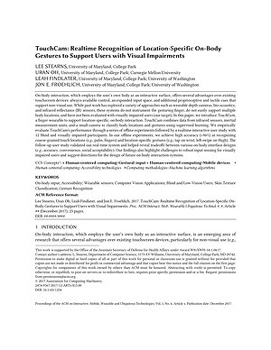 Thumbnail for: TouchCam: Realtime Recognition of Location-Specific On-Body Gestures to Support Users with Visual Impairments